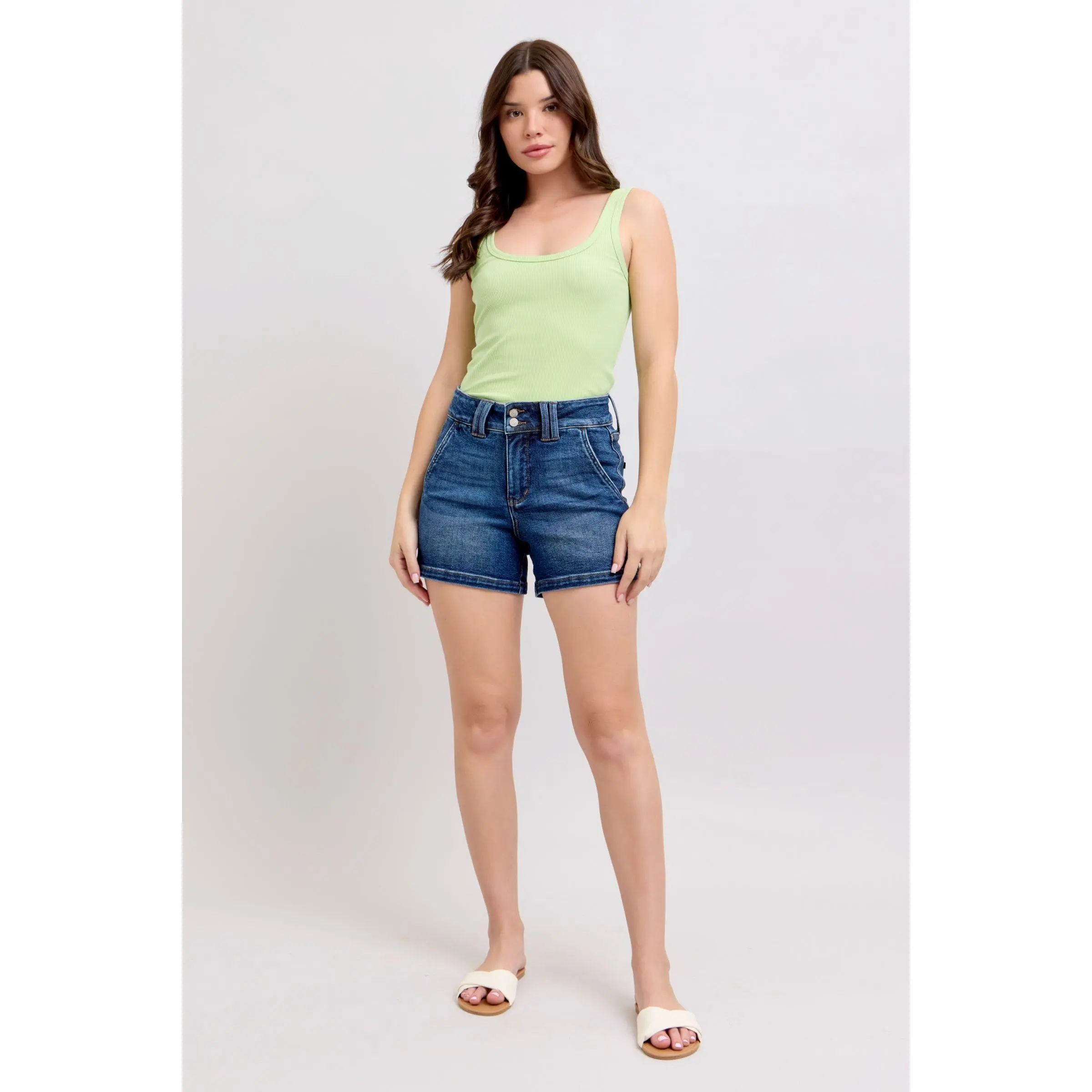 Judy Blue Full Size Double Button Waistband Denim Shorts Plus Size High-Waisted Fit Slightly Stretchy 94% Cotton 5% Polyester 1% Spandex Style 150307 Summer Fashion Stretch Bootcut Tummy Control Jeans