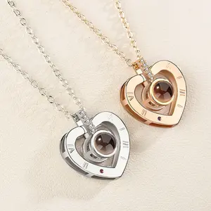Cross-border Douyin 100 Languages Projection Necklace Women's Valentine's Day Gift Heart-shaped Pendant Love Smart Beating Heart Men's & Women's Models Alloy 40+5cm Chain 5g