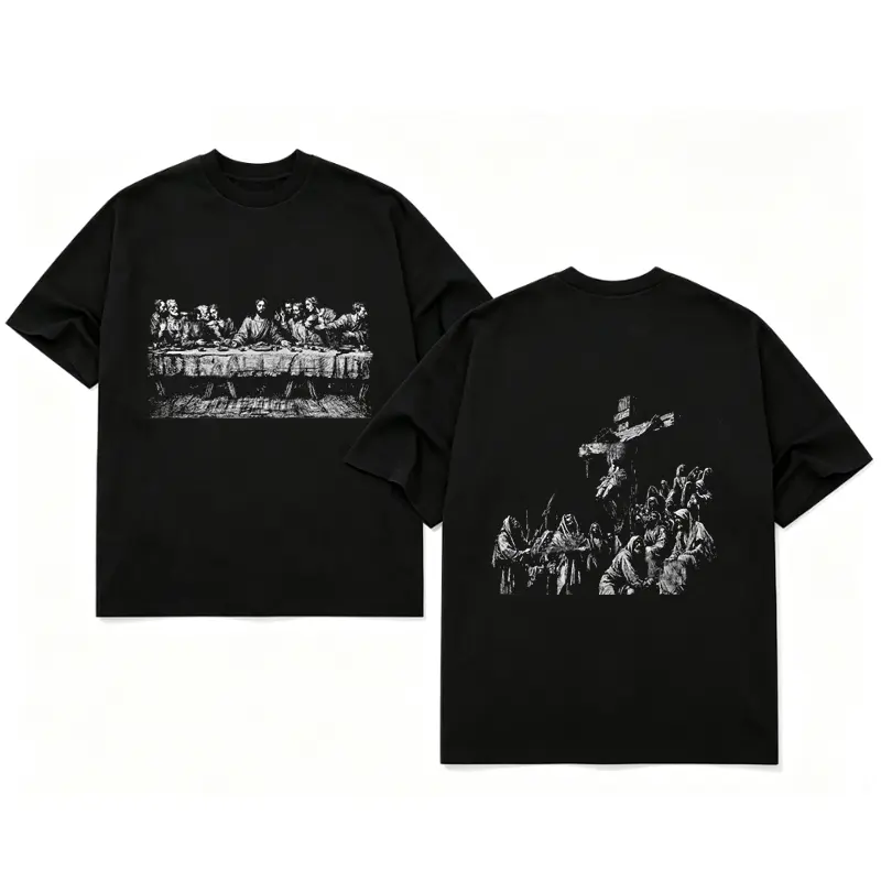 MeJend Jesus Graphic 12oz Heavyweight Cropped Oversized Tee, Gothic Art Heavy Cotton Streetwear Short Sleeve T-Shirt For Men & Women