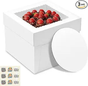 3 Pack Cake Boxes, 10x10x8 Inches Tall Cakes Box with Window, White Cake Boxes with Cakes Boards, Square Bakery Box, for Cake, Treat Cookie Dessert, Pastry, Birthday Party, Mother's Day, Weddings
