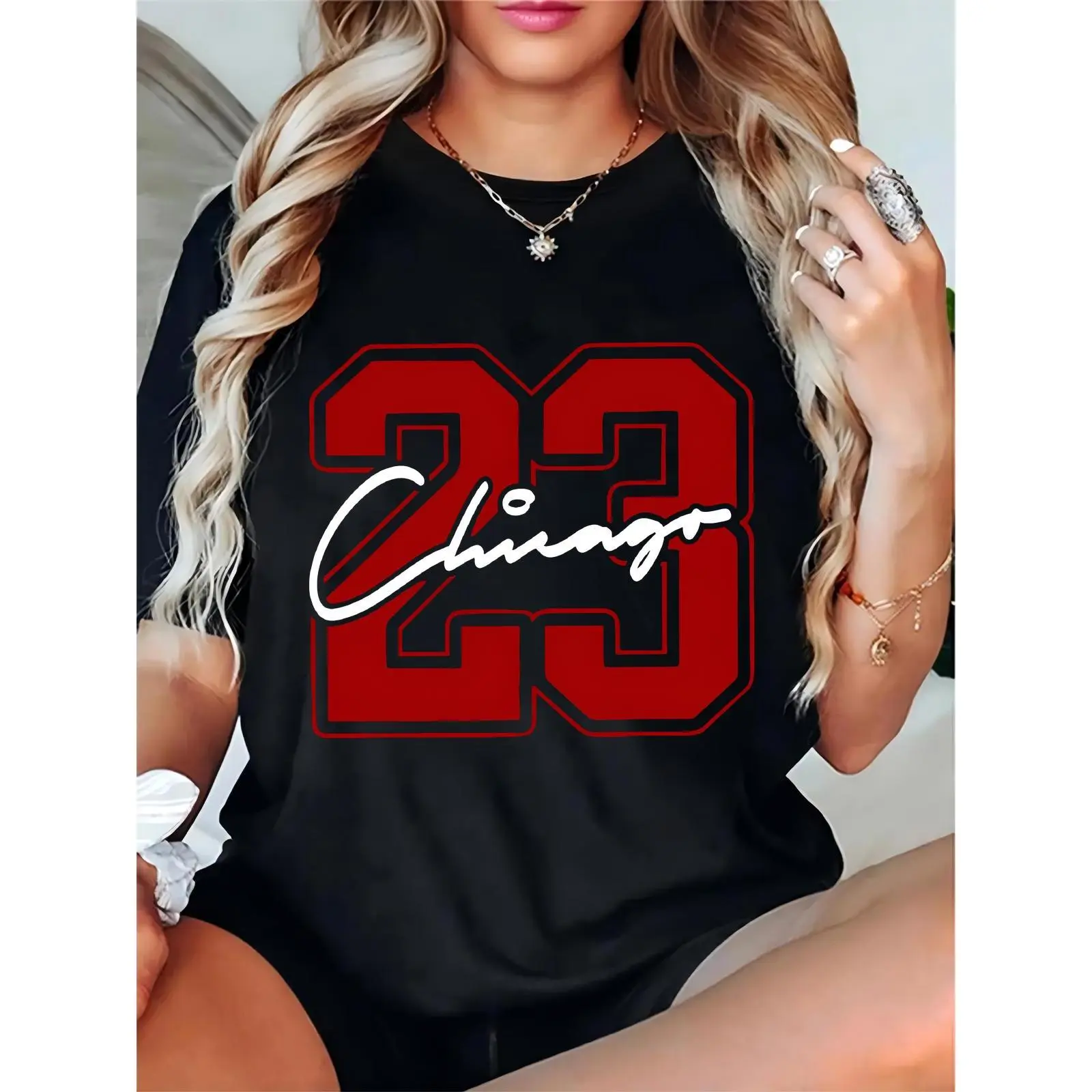 Women's 100% Cotton Shortleeve Round Neck T-Shirt - Black with Red 23 & White Chicago Handwritten Script, Lightweight Breathable Athletic Graphic Black Logo Casual Streetwear Top for Female Fans (Daily, Gym Use), Shortsleeve, Tshirt, Crew Neck