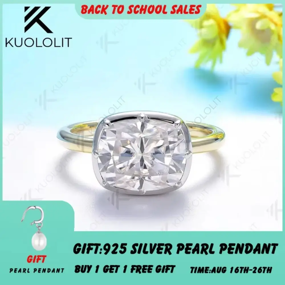 Kuololit 5CT Cushion Cut Moissanite Ring for Women Solid 18K 14K 10K Yellow Gold Two Tone Ring for Anniversary Engagement Gifts