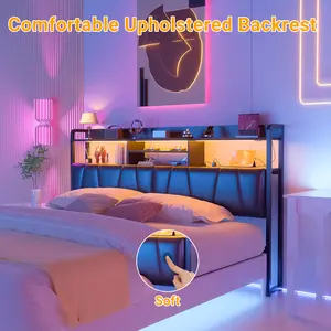 Homieasy Headboard for King Size Bed Frame, Upholstered Head Board with Outlets, USB Ports and LED Light, Comfortable Leather Headboards with Storage Shelf, Sturdy King Bed Headboard Only