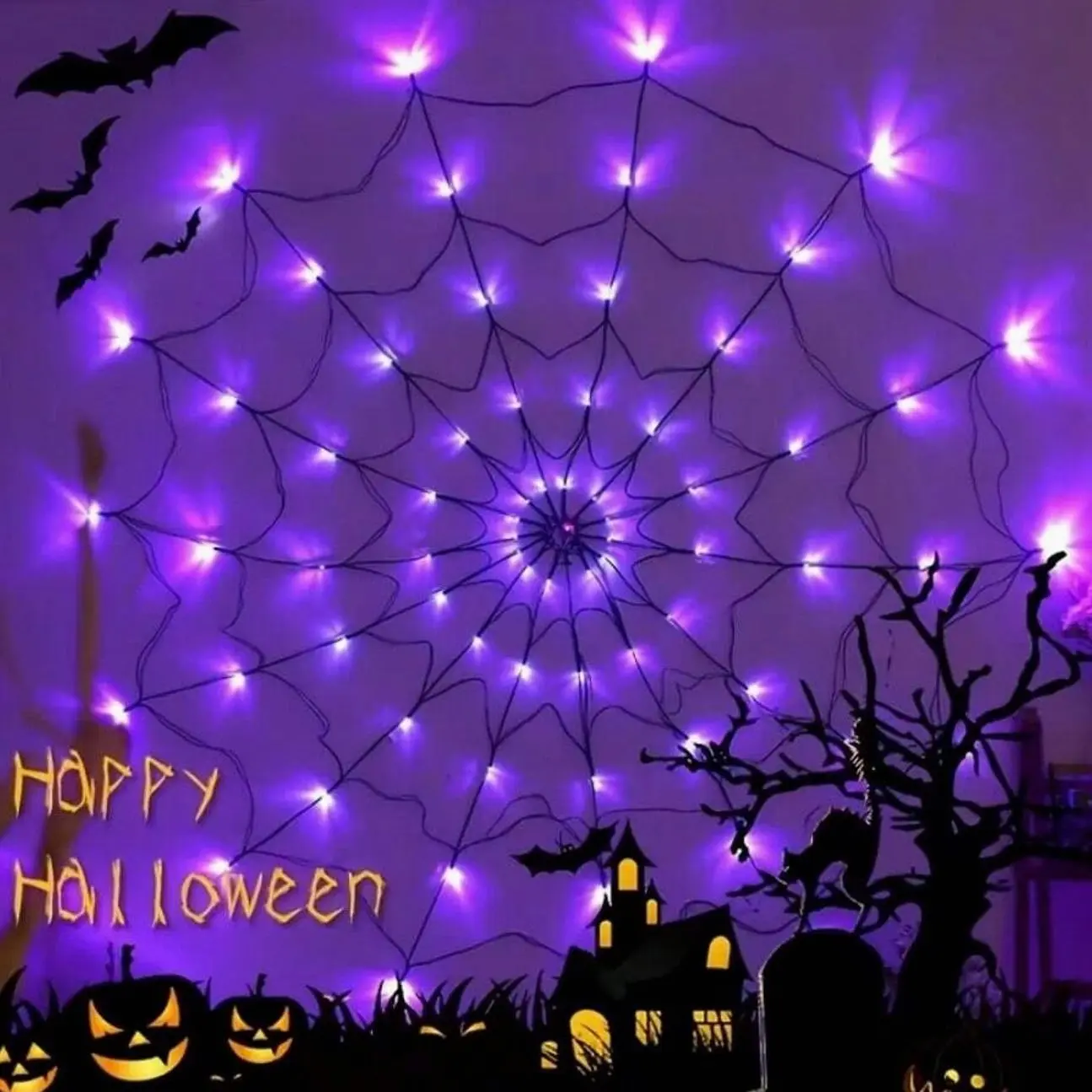 Halloween 70 LED Spider Web Lights With Spider, Lighted Holiday Displays, Battery Powered 8 Modes Light Up Cobweb Halloween Decorations For Indoor Ourdoor Garden Yard Home Patio