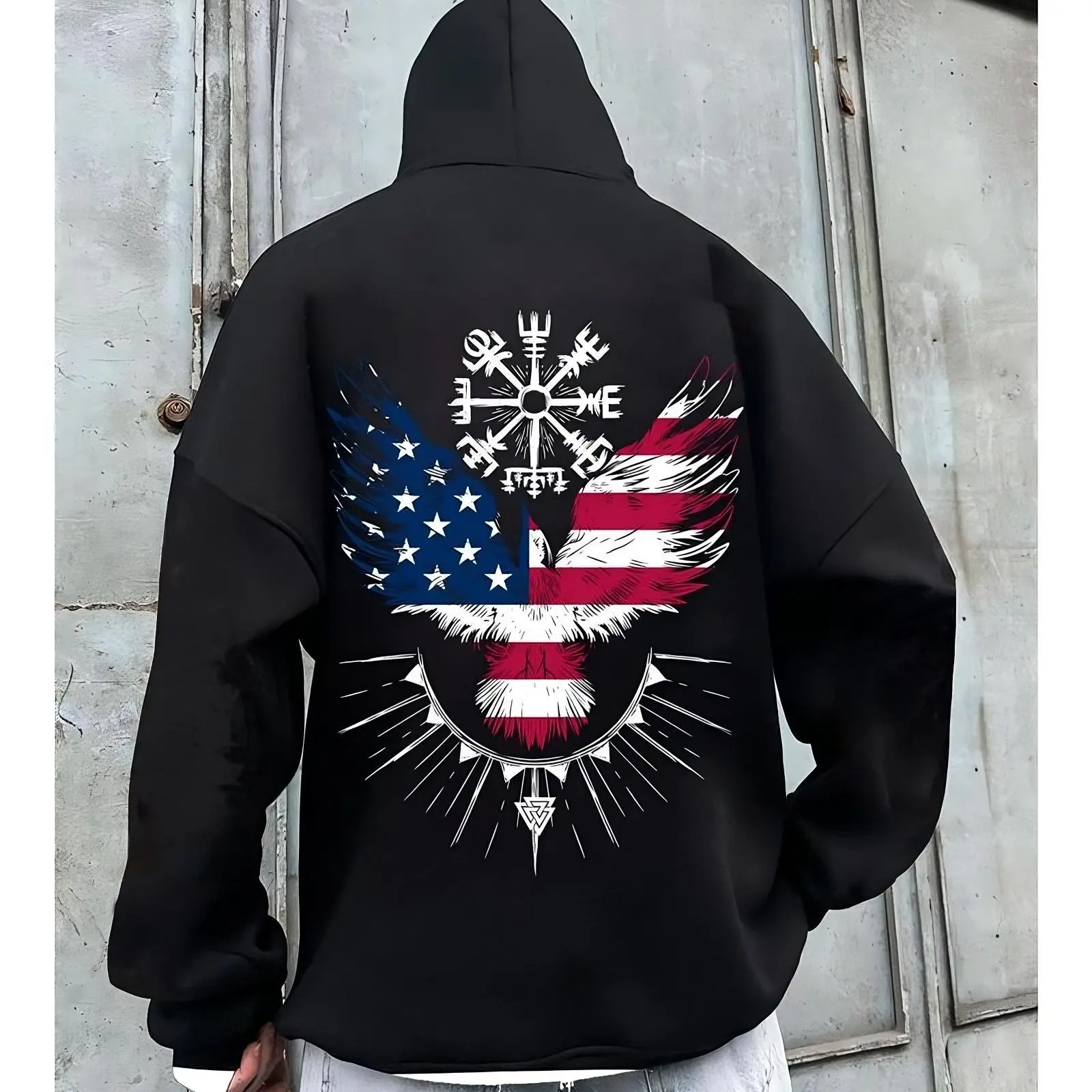 Viking Raven Rune Hoodie Nordic Symbol Streetwear Norse Mythology Graphic Pullover Unisex Dark Gothic Hoodie Vegvisir Odin Raven Design Y2K Alt Aesthetic Pure Cotton Cartoon Print T-shirt