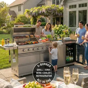 84-Inch Outdoor Kitchen Barbecue Island Grill, 5-Burner 75300 BTU 304 Stainless Steel Grill with Sink, Wine Cooler, Refrigerator, Granite Countertops and Rotisserie Kit, Silver Cooking Station for Backyard Patio, Outdoor Cooking, Summer Grilling and Outdo