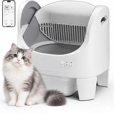 Best Seller | ECORUI Self - Cleaning - Litter Box Open Top Automatic with App Control for Multiple Cats Safety Sensors Protection Cream White 16.5"x17.3" Entrance 8L Compartment