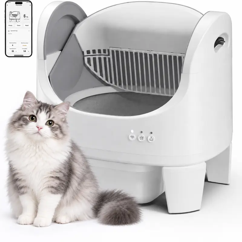 Best Seller | ECORUI Self - Cleaning - Litter Box Open Top Automatic with App Control for Multiple Cats Safety Sensors Protection Cream White 16.5"x17.3" Entrance 8L Compartment