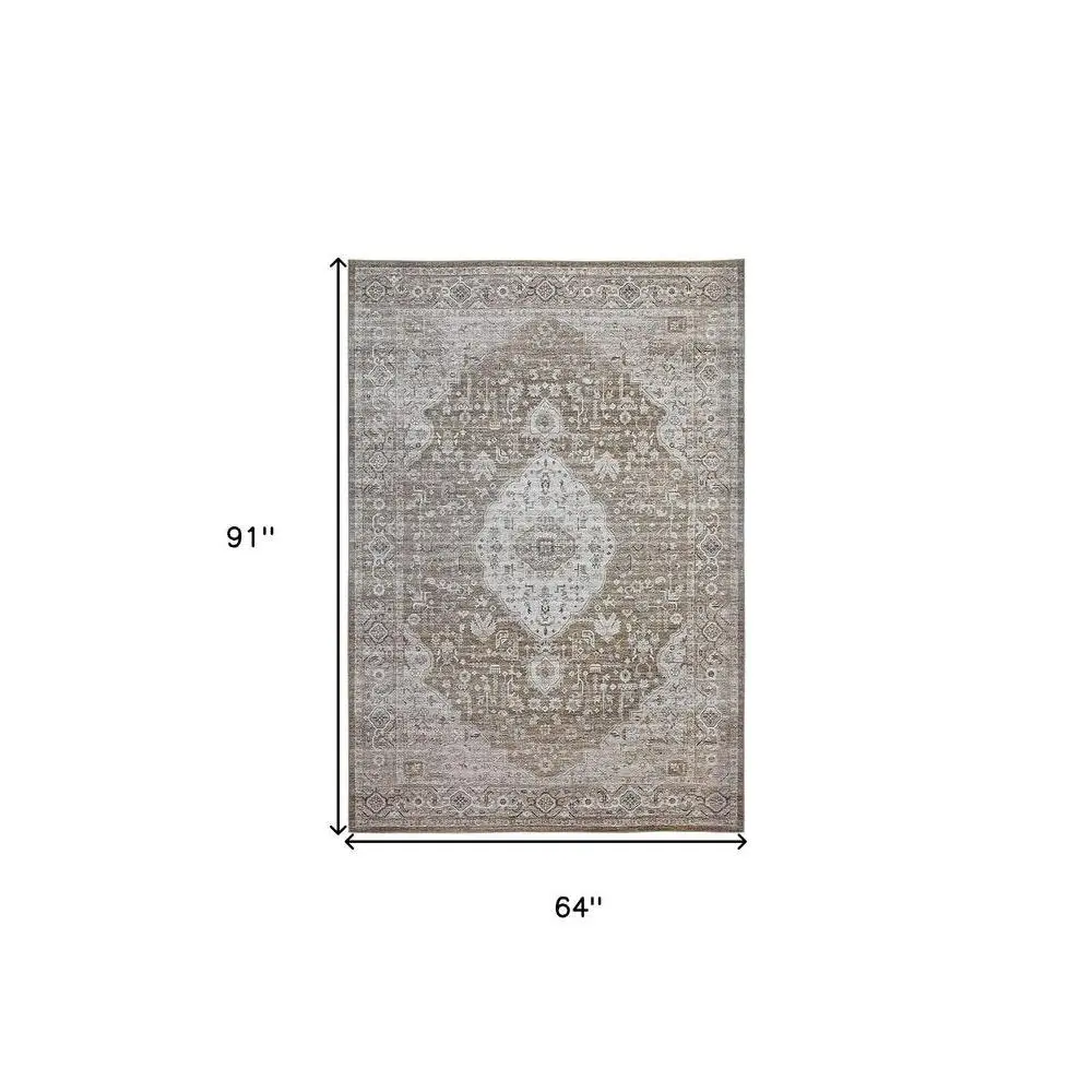 5' X 8' Beige Oriental Power Loom Distressed Stain Resistant Area Rug