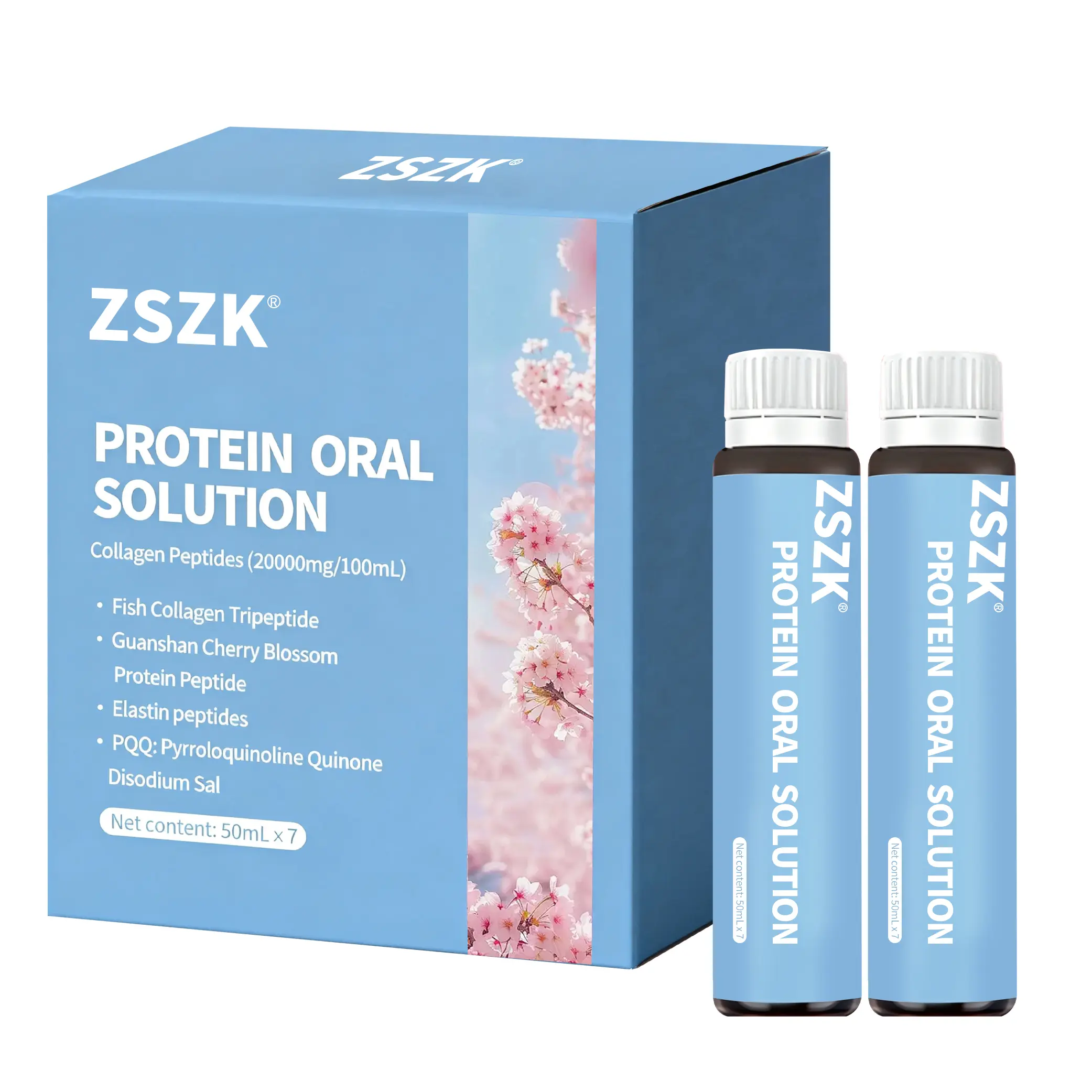 ZSZK Edible Dietary Collagen & Kanzan Cherry Blossom Peptide Drink (50 ml×7 Bottles) - Skin Aging Combat Beauty Supplement with Fish Collagen Tripeptides, Elastin Peptides, Vitamin C, Niacinamide, Olive Fruit Powder, Grape Seed Extract, Protein