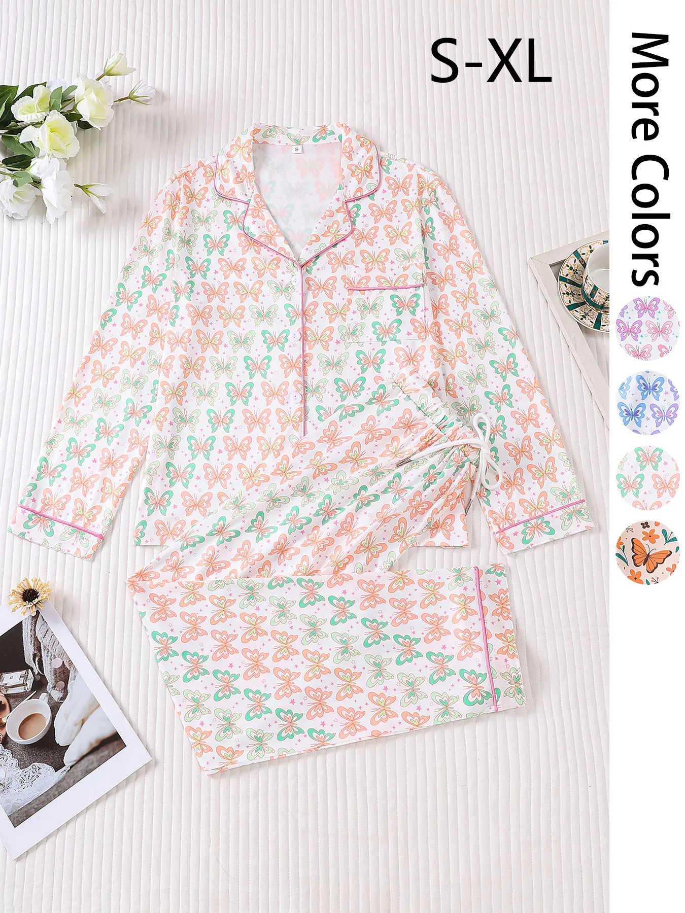 2 pieces of women's butterfly print multi colored long sleeved pants pajama set with lapel top, pocket elastic waistband suitable for all seasons, fashionable and comfortable, internet celebrity style, energetic and elegant home wear