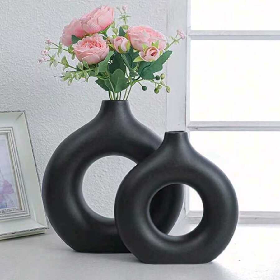 1pc Black Plastic Round Vase Decor, Artificial Dried Flower Vase, Floral Art Vase, Minimalist Living Room & Exhibition Hall Decor, Home Decor, Vase, Ornament, Desktop Decoration. Room Decor Glass Vase
