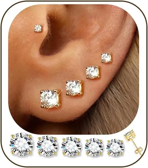5 Pairs 14K Gold Plated Stud Earrings for Women, Hypoallergenic Earring Sets for Multiple Piercing, Premium Cubic Zirconia Studs Earrings for Women non tarnish jewelry