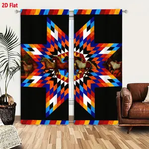 2D Flat  2-Piece Southwestern Geometric Starburst Horse Pattern Curtains, Bold Colorful Interlocking Triangles & Running Horses Design, Symmetrical Tribal Equestrian Art Blackout Curtains for Living Room Bedroom, Red Blue Orange Brown Tan