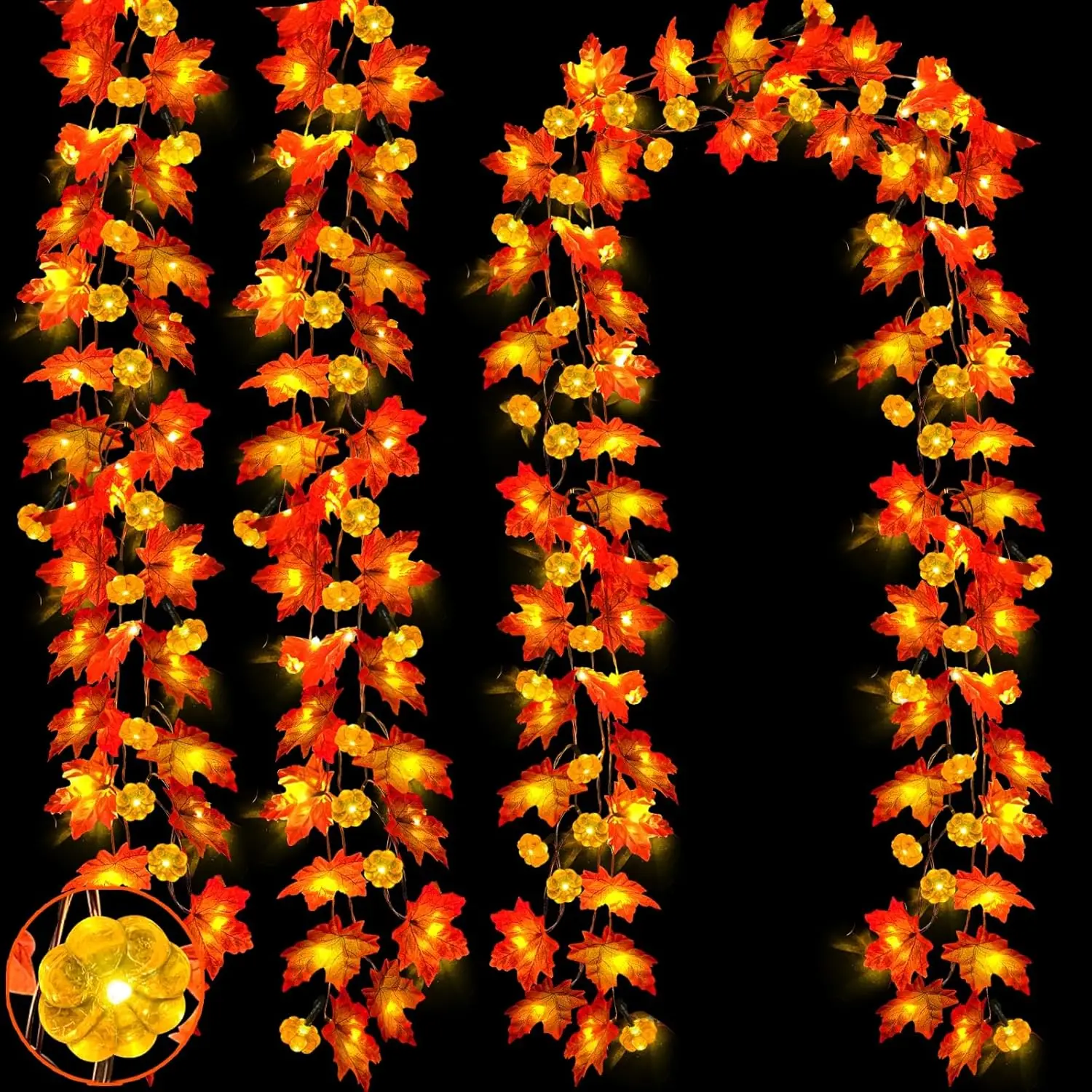 3-Pack Fall Maple Garland with 3D 4-Inch Maple Leaves, 30Ft 60LED Battery-Operated Pumpkin Lights - Halloween Thanksgiving Decoration, Ornaments for Indoor Outdoor Room Decor