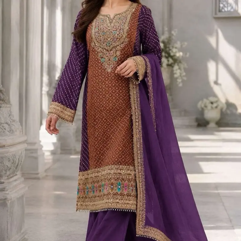 3-Piece Ethnic Ensemble: Pure Muslin Bottom with Kirdari Hand Embroidery, Pure Santoon Dupatta, Chinon Fabric with Border.