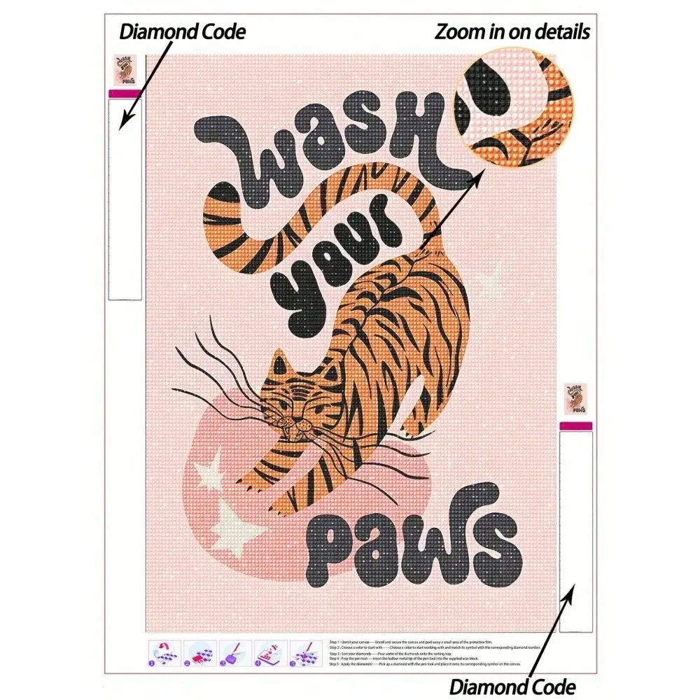 5D DIY Diamond Painting, Cross stitch kit, Pink Animal Paintings With Diamond Painting Kits, A Cute Tiger On A Pink Background Tells You To "Wash Your Paws" Decorative Painting, 5D Embroidery Mosaic Art, Gift Diamond Painting, Handmade Gifts, Crafts