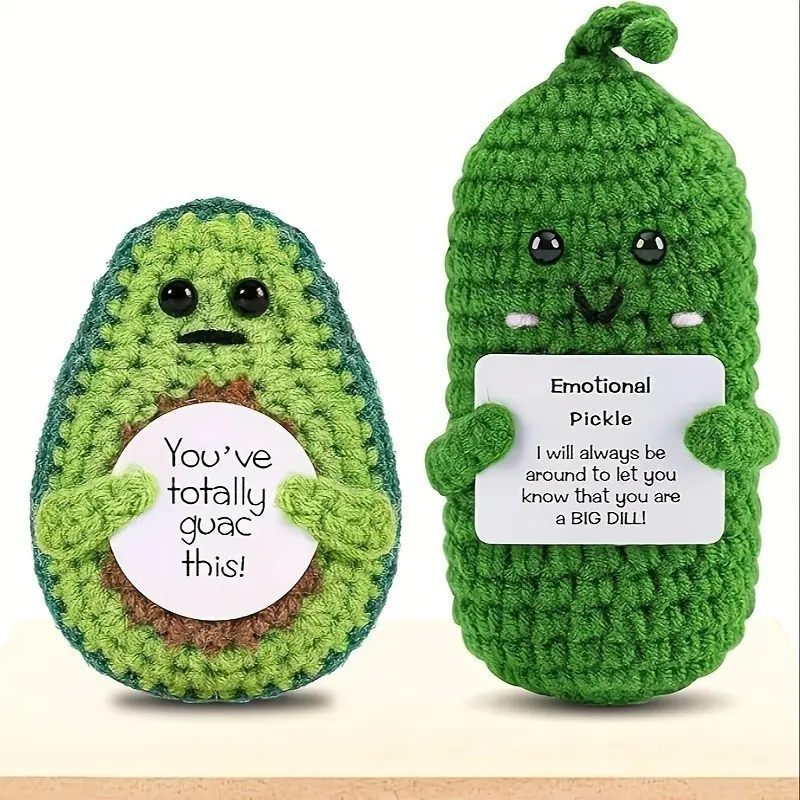 Fun Crochet Avocado Cucumber Doll, Handmade Crochet Figure, Soft Stuffed Doll, Cute Stuffies, Soft Cuddly Gift, Inspirational Message Design, Perfect Gift and Decoration, Unique Craftsmanship Gift Emotional Support