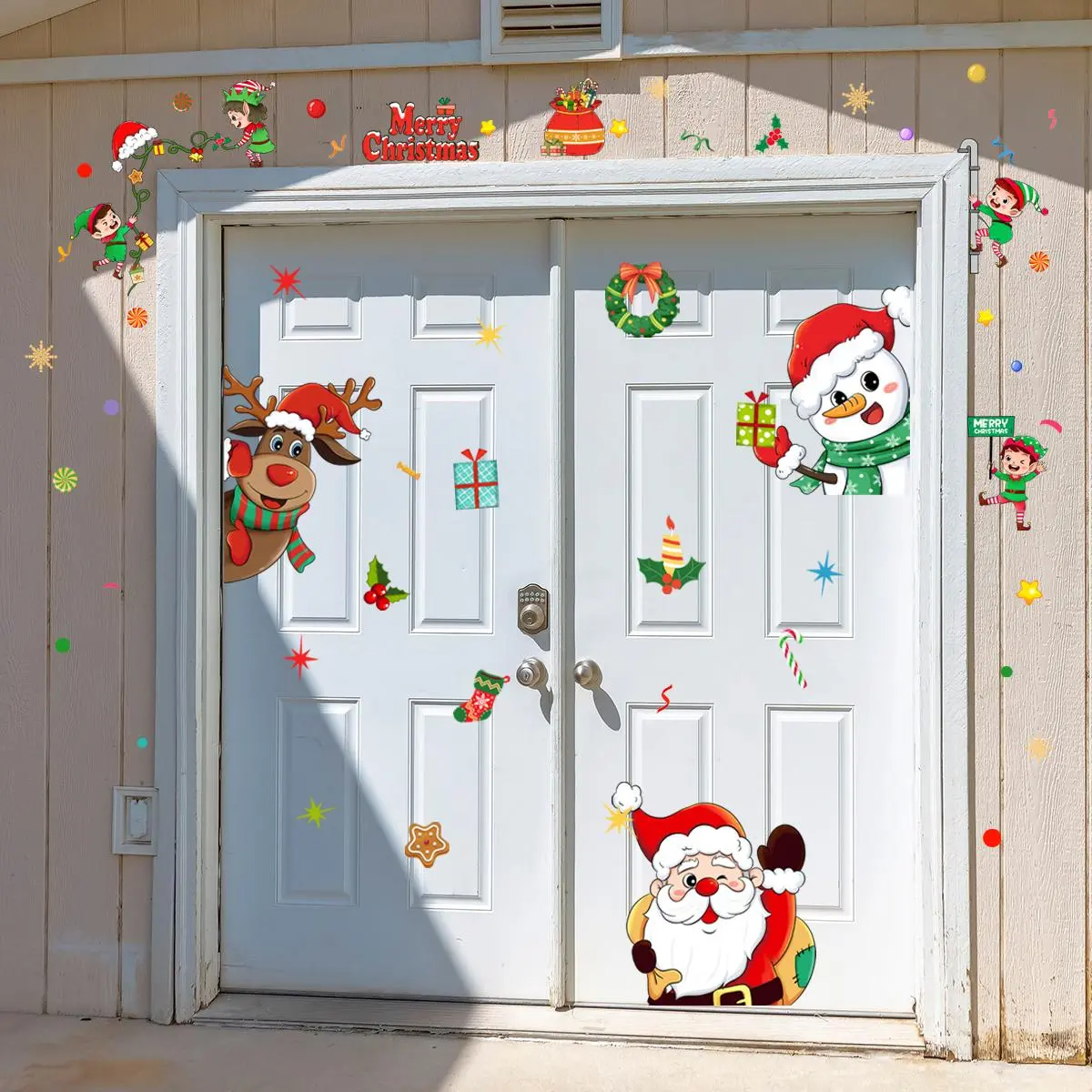 Set of Three Christmas Wall Stickers, Santa Reindeer Snowman Designs, Self-Adhesive Removable Decorations for Bedroom Living Room Door Frame