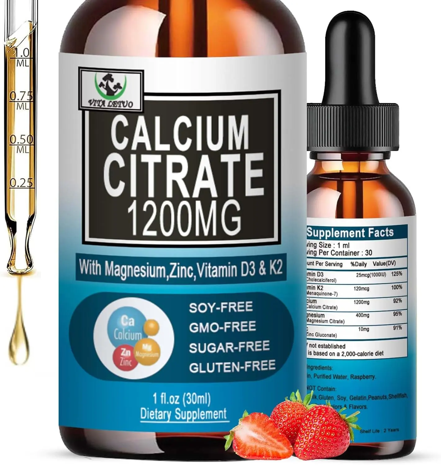 Calcium Citrate Supplement,1200mg Calcium with Vitamin D3 Drops for Bone,Teeth,Colon,Cardiovascular Health,High Absorption Liquid Calcium Magnesium Citrate 400mg Plus Zinc Vitamin K2,Vegan,30 Servings Pack of 1