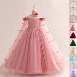 7 12Y Pink 512 Kids Clothes 3D Flower Girls White Princess Puffy Long Ball Gown Frock Children Formal Evening Party Banquet Pageant Prom Host Cocktail Dress