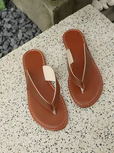 Women's Wide Strap Thong Flip Flop Sandals, Faux Leather Flat Slippers, Casual Flip Flops, Comfortable Summer Shoes for Beach, Vacation, Walking, Daily Wear