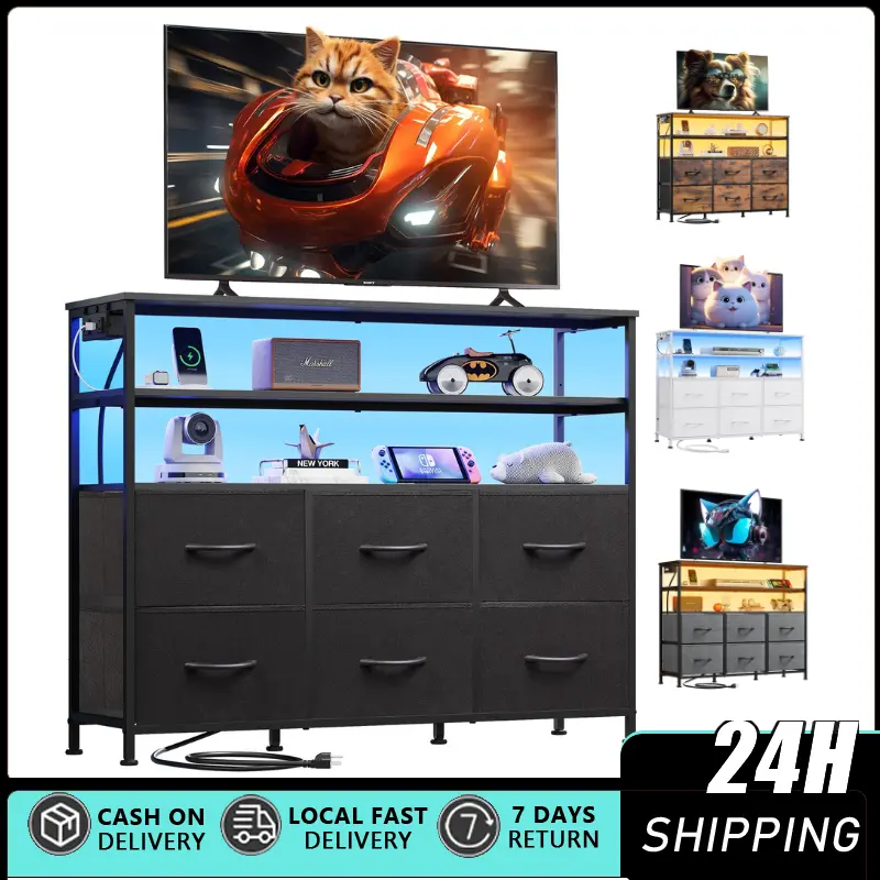 Black Wood Top TV Stand - Entertainment TV Stand with RGB LED Lights, Charging Station, 6 Fabric Drawers, Open Shelves, 40-45 in Media Console for Living Room, Storage Solution to Enhance Viewing Experience