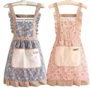 Reliable Polyester Floral Lace Princess Apron - With Handkerchief Pocket, Suitable for Kitchen & Living Room Cleaning, Available in Pink & Green, Includes Well-Storage Flower Accessory