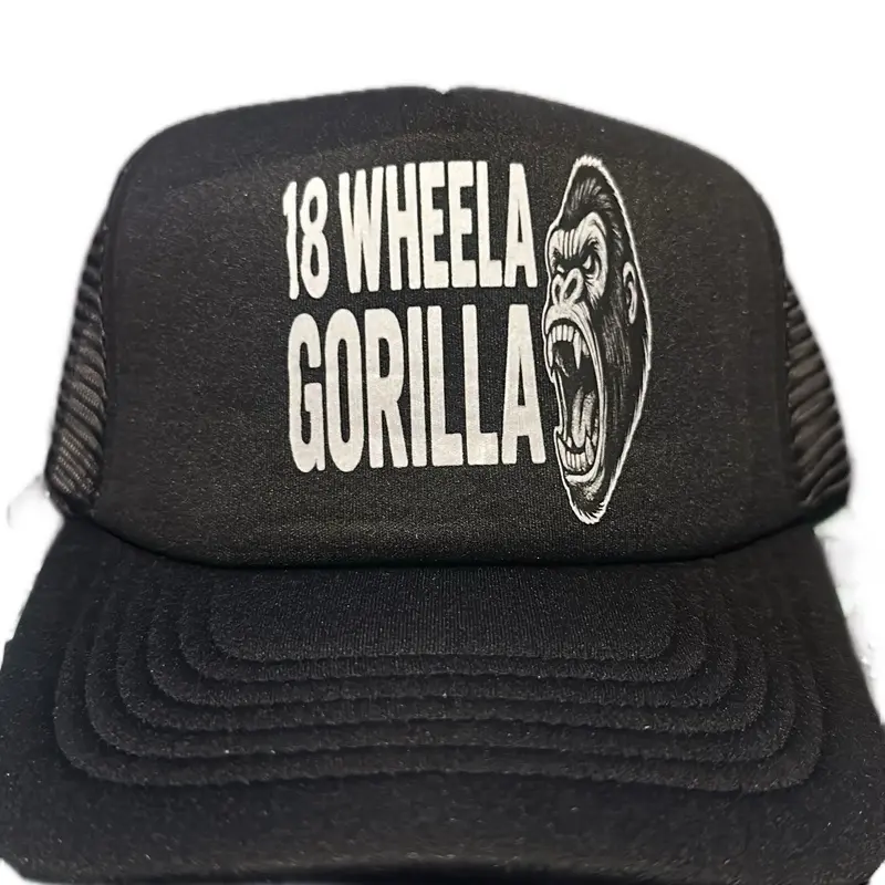 18 Wheela Gorilla Black Trucker Hat with Bold White Text and Graphic Design