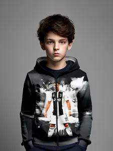 Boys' Cristiano Ronaldo Juventus Hooded Zipper Sweatshirt, Ink Effect Design, Cute Cartoon Pattern, Graphic Team Hoodie, Fall & Winter Fashion