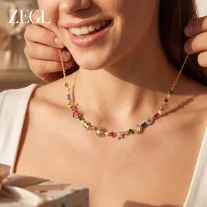 ZEGL Women's Rainbow Necklace | Evil Eye, Sun & Moon Y2K-Style Necklace | Dopamine Aesthetic Bohemian Jewelry Gift