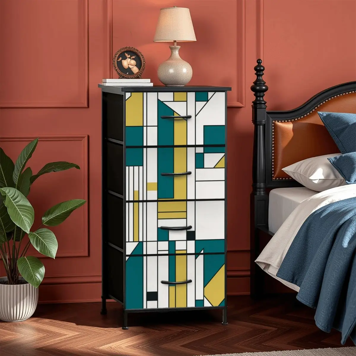 Bauhaus Designed Geometric Green, Teal Mid Century Modern 4-Drawer Dresser