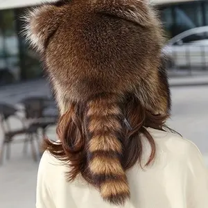 2025 Raccoon Tail Mood Hat – Retro  Detachable Fluffy Earmuffs, Hypoallergenic Winter Accessory, Machine-Washable, Cozy Cottagecore Style for Outdoor and Casual Wear, TikTokShopBlackFriday