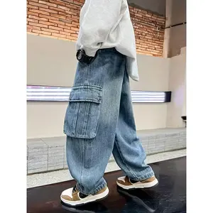 (New)Boys' Vintage Washed Workwear Jeans - Elastic Waist with Adjustable Buttons, Multiple Pockets, Regular Fit Streetwear Style for Skateboarding & Outdoor Activities| All-Season Comfort, Machine Washable (Teens), Jeans for Teens