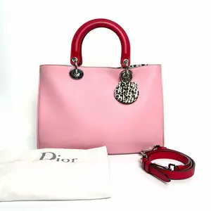 Pre-owned Dior Diorissimo VIP cherry pink color block lambskin handbag with snakeskin side, size 32, 2014 N22402804hd