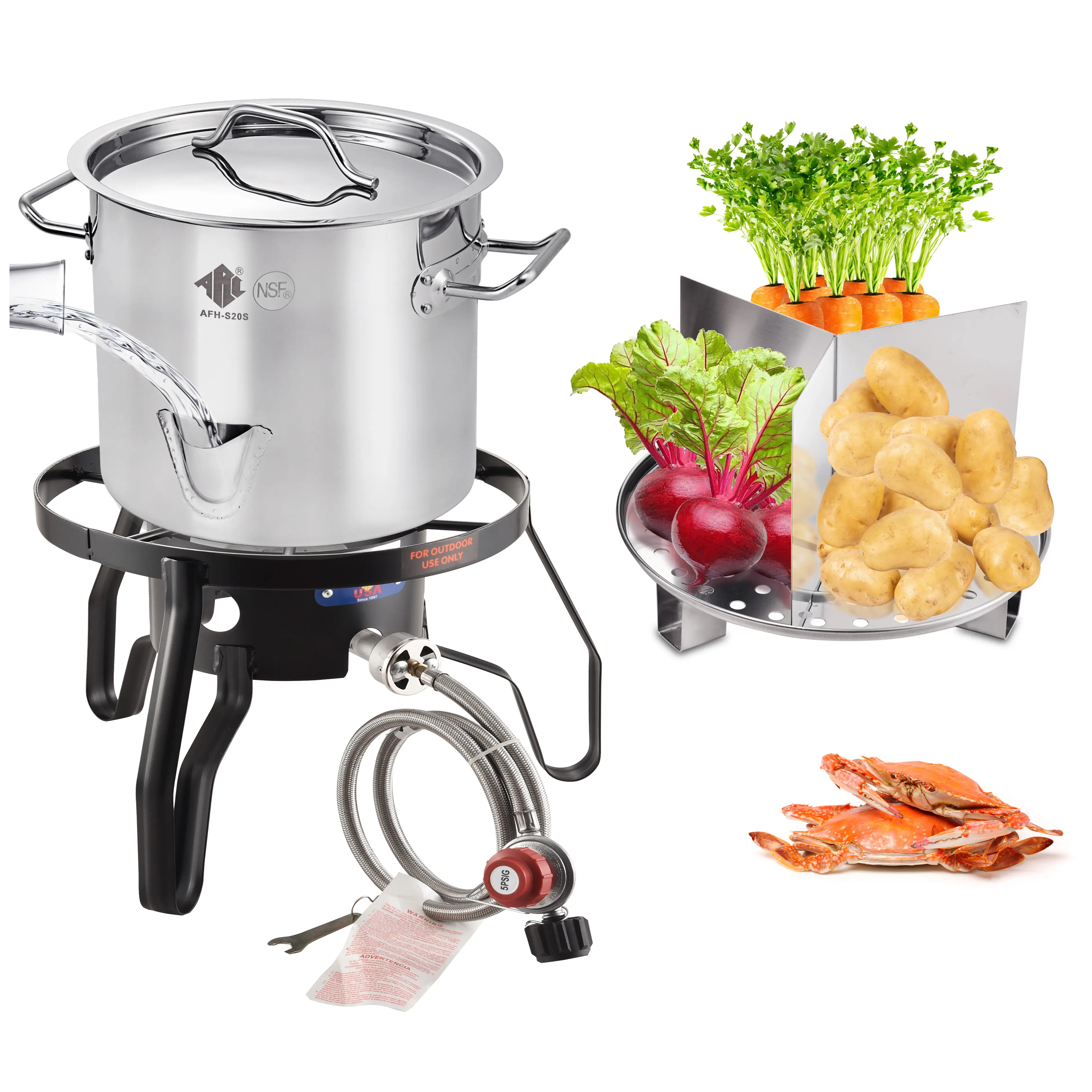 20/24/32QT Stainless Steel Steamer Pot With Portable Propane Burner Set For Outdoor Cooking, Seafood Crab-Vegetable-Tamale Large Pot with Water Spout, Dividerand Steamer Rack, High Efficiency Stove