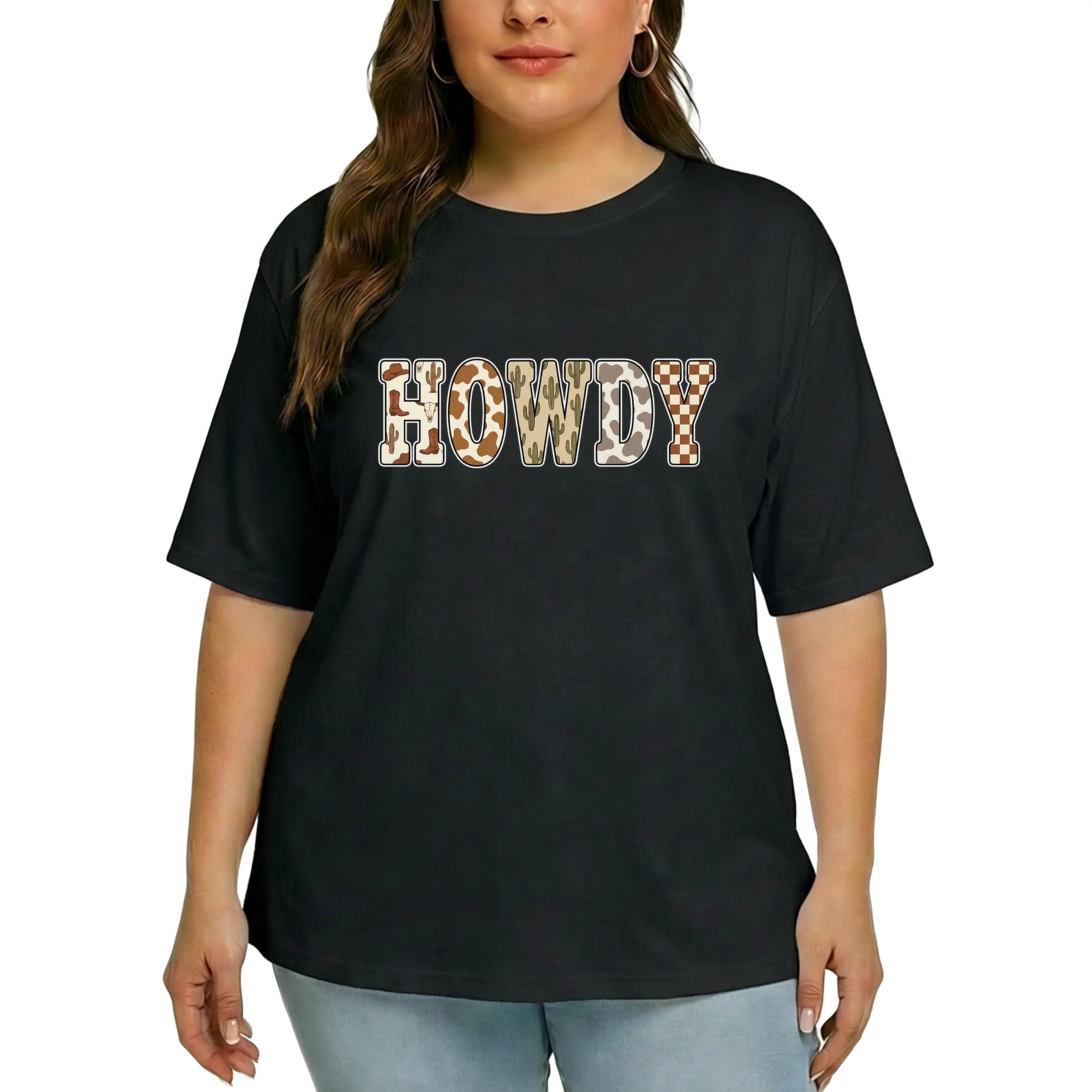 Western Aesthetic Tee Women Howdy Graphic Shirt Cow Print Coastal Cowgirl Desert Vibe Top plusized S-6XL_KT0051