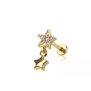Threadless Push In CZ Crystal Star with Dangling Star Flat Back Stud - 316L Stainless Steel