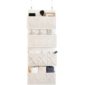 Over-the-Door Organizer, Macrame Boho Nursery Storage with 4 Large Woven Pockets, Hanging Basket for Bathroom, Nursery & Closet Doors, Behind-the-Door Storage Organizer, Cream White