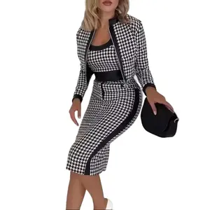 Fashion Spring and Autumn Cute Style Fresh Sweet Slim Fit Women's Geometric Printed Long Sleeve Jacket Vest and Skirt Three-Piece Tracksuit Set Blue Causal Lounge Tracksuit