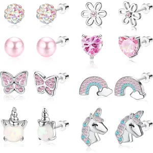 Zelores 8 Pairs Cute Screw Back Earrings for Women Pink CZ Heart Stud Earrings Stainless Steel Flower Butterfly Screwback Earrings Set