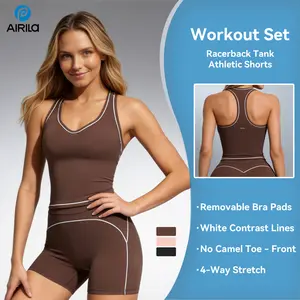 AIRILA Buttery Soft Contrast Stitching Yoga Set | Racerback V-Neck Sports Bra + High Waisted Biker Shorts | No Front Seam Tummy Control Workout Outfit for Women