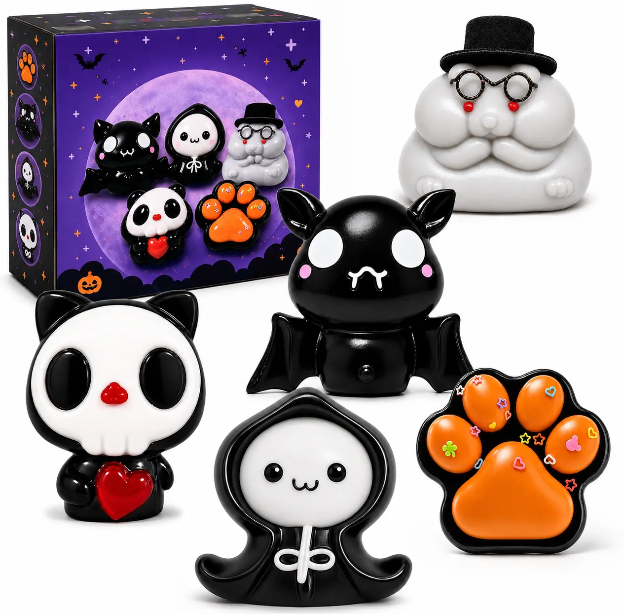 Halloween Taba Squishy Kit, 5-Piece Creepy Cute Sensory Toys for Kids, Soft Taba Texture, Collectible Halloween Characters, Party Favors, Trick-or-Treat & Classroom Prizes