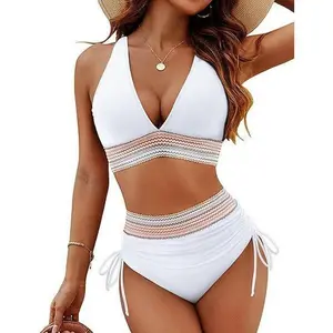 European and American style two-piece swimsuit for women, sexy solid color V-neck tight-fitting backless high-waisted bikini,   women's swimsuit
