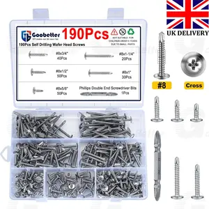 #8 Wafer Head Self Drilling Screws Assortment Kit, 190Pcs 410 Stainless Steel TEK Screws, Self Tapping Sheet Metal Screws, 1/2" 5/8" 3/4" 1" 1-1/4" for Metal Roofing