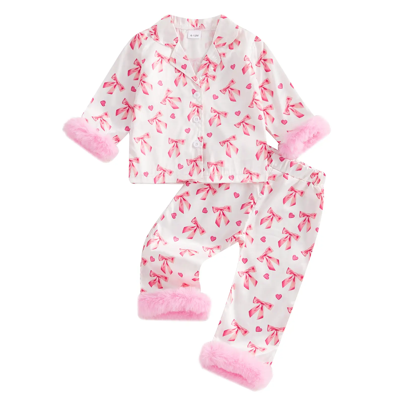 Bvfguo Baby Girls Silk Pajamas Set Bowknot Girl Button Down Long Sleeve Shirts and Pants Infant Satin Pj Lounge Set