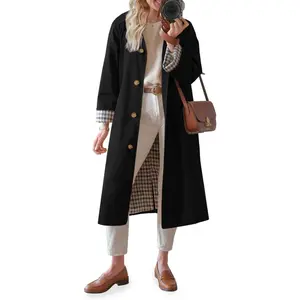 Imily Bela Women's Long-Sleeve Polyester Single-Breasted Oversized Windproof Long Trench Coat, Casual Crop Plaid Jackets & Clothes with Buttons and Matching Earrings