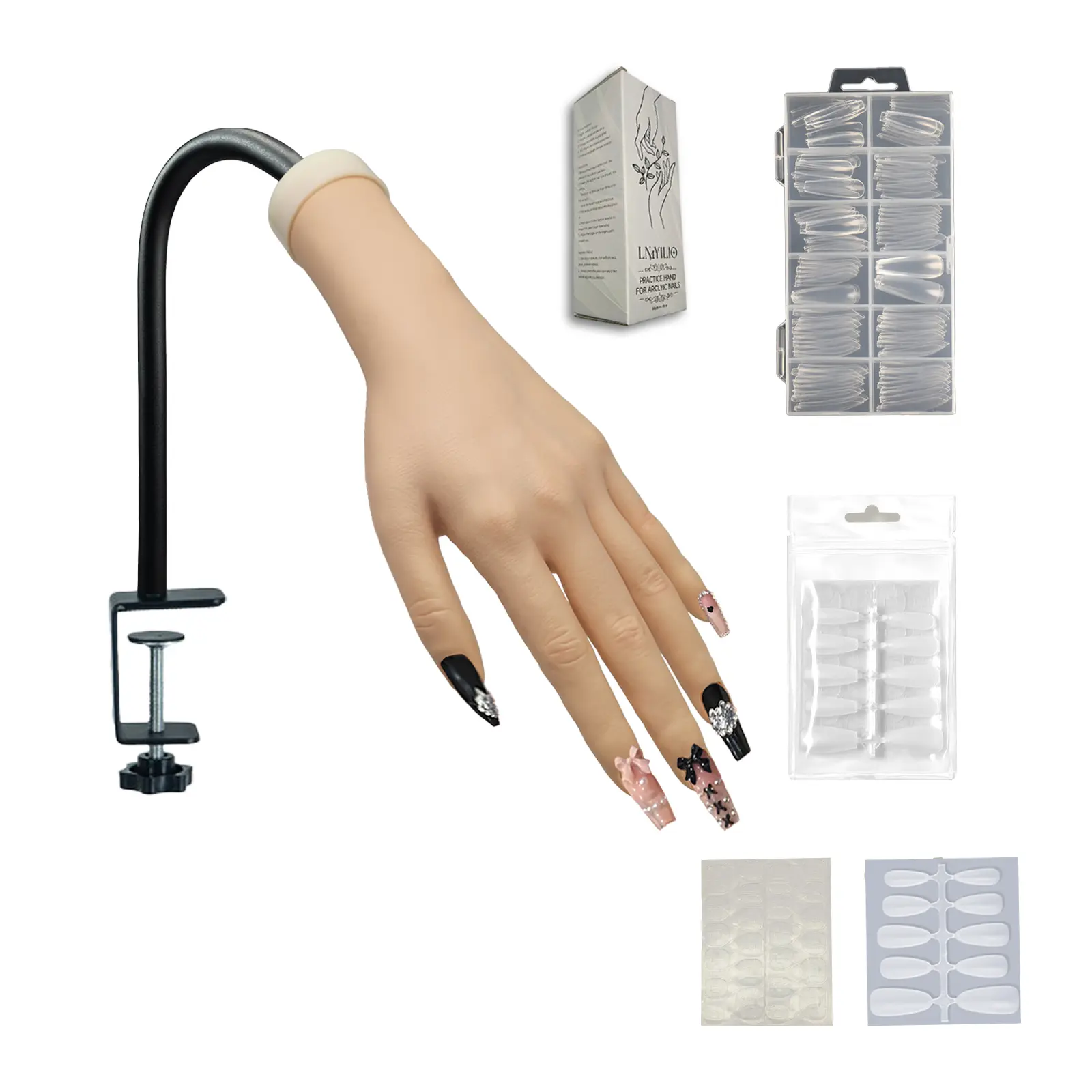 Silicone Realistic Manicure Practice Hand - Left Hand with Protective Rubber Clamp, Acrylic Nails, Adjustable Joints, Great for Nail Art, Manicure Care & Tattoo Display
