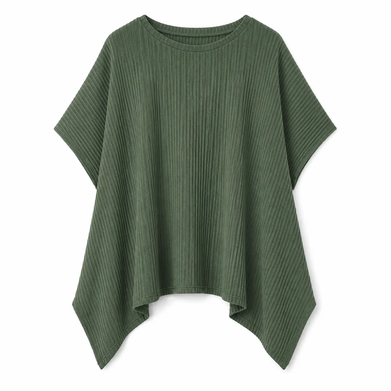 Women's Elegant Ribbed Poncho Tunic, Flowing Short Sleeve Top with a Loose Fit and Asymmetrical Handkerchief Hem