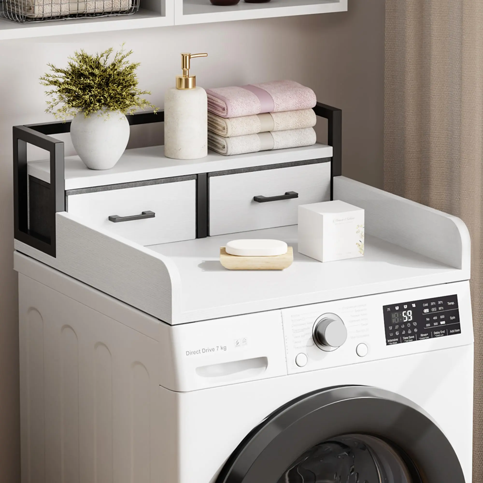 Garvee 54" Wooden Washer Dryer Countertop with 2-Tier Shelf, Non-Slip Pad and Guard Rails, Washer and Dryer Topper for Laundry Room Organization